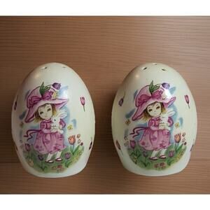 Vintage Lefton #8214 Egg Shape Salt & Pepper Shakers Easter Girl Bonnet w/Bunny